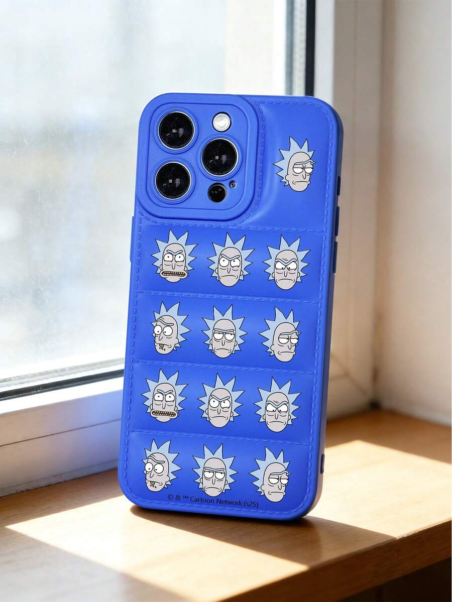 Rick and Morty X SHEIN 瑞克和莫蒂瑞克表情手机壳,蓝色软TPU保护套,磨砂质感,保护摄像头镜头,可爱卡通表情印花,防震保护套,日常使用及卡通迷生日礼物,手机壳,兼容iPhone 11/12/13/14/15/16/17 Pro Max,手机配件,快速发货 - 藍色 - 查看 1
