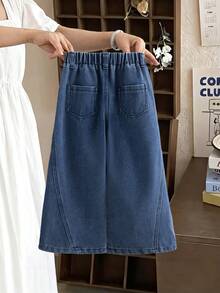 SHEIN Vintaside Kids Young Girls' Casual Washed Vintage Wide Leg Jeans Elastic Waist Jeans Wide Legged Jeans Baggy Jeans Girls Wide Leg Jeans - Light Wash - View 2