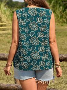 EMERY ROSE 大码女式V领花卉刺绣图案休闲百搭日常衬衫 - 彩色 - 查看 3