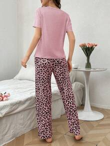 Leopard Print Bow Decor Short Sleeve & Pants Women Pajama Set - Pink - View 2
