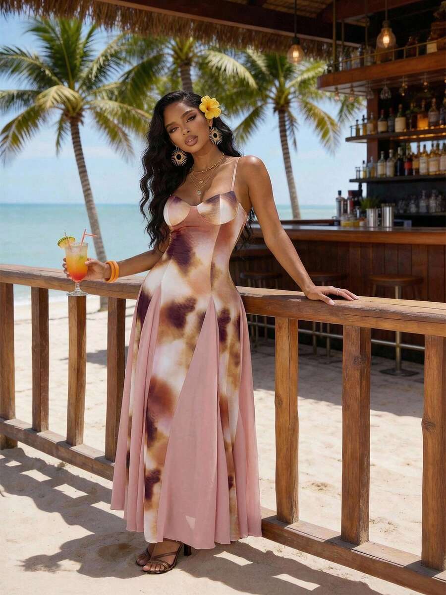 SHEIN Lady 女士扎染印花吊带连衣裙，度假风 - 彩色 - 查看 1