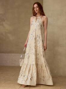 MOTF PREMIUM 女士长裙，法式度假风重工串珠亚麻吊带连衣裙 - 杏色 - 查看 1