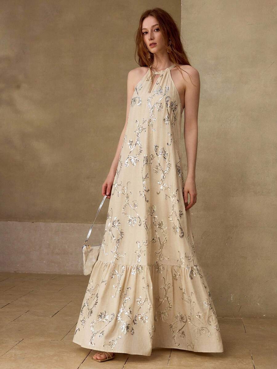 MOTF PREMIUM 女士长裙，法式度假风重工串珠亚麻吊带连衣裙 - 杏色 - 查看 1