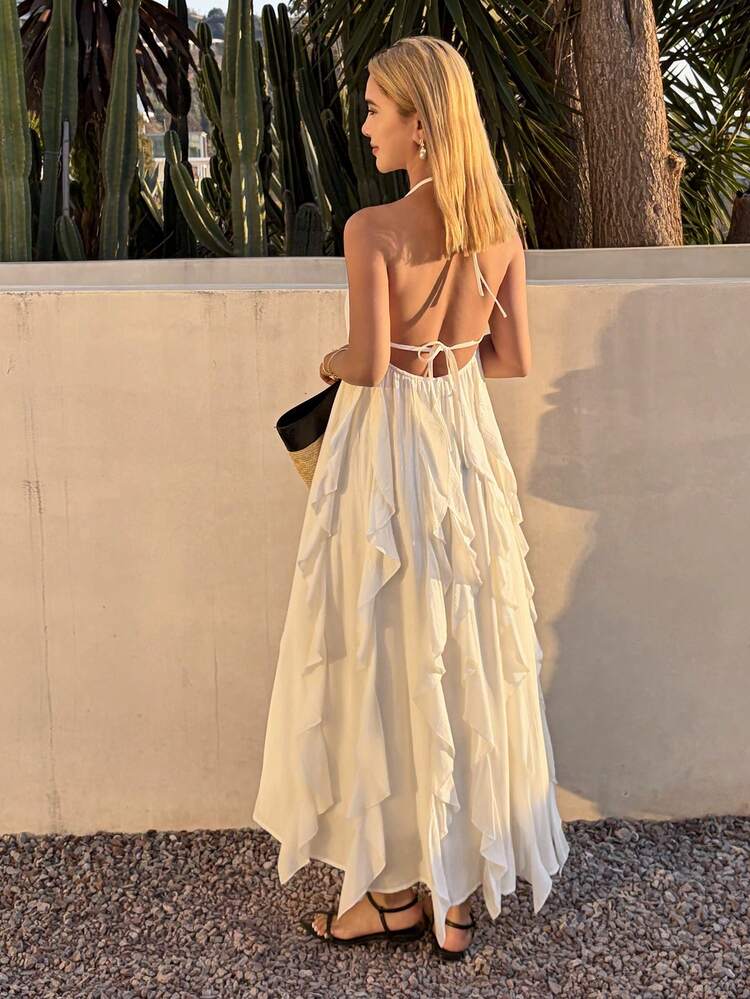 Women's Elegant Solid Color Halter Neck Sleeveless Ruffle Hem Mid-Length Dress, Summer