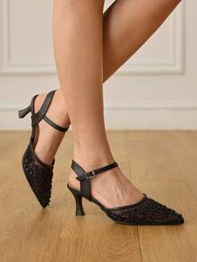 CUCCOO HITCHD Tacones de aguja con diamante de imitación para mujer, de tacón medio. Zapatos de vestir elegantes, casuales y minimalistas, cómodos y de fácil puesta, para bodas, trabajo, citas y ocasiones formales - Negro - Ver 8
