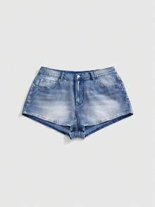 ROMWE Grunge Punk Quần short denim mini cỡ lớn in hình cánh, dây chuyền, thánh giá và ngôi sao phong cách Y2K cổ điển. - Màu xanh lam - Xem 2