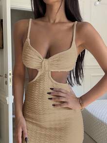 Ronhire 女士细肩带露背褶饰修身休闲度假个性镂空吊带背心纹理面料 - 杏色 - 查看 3
