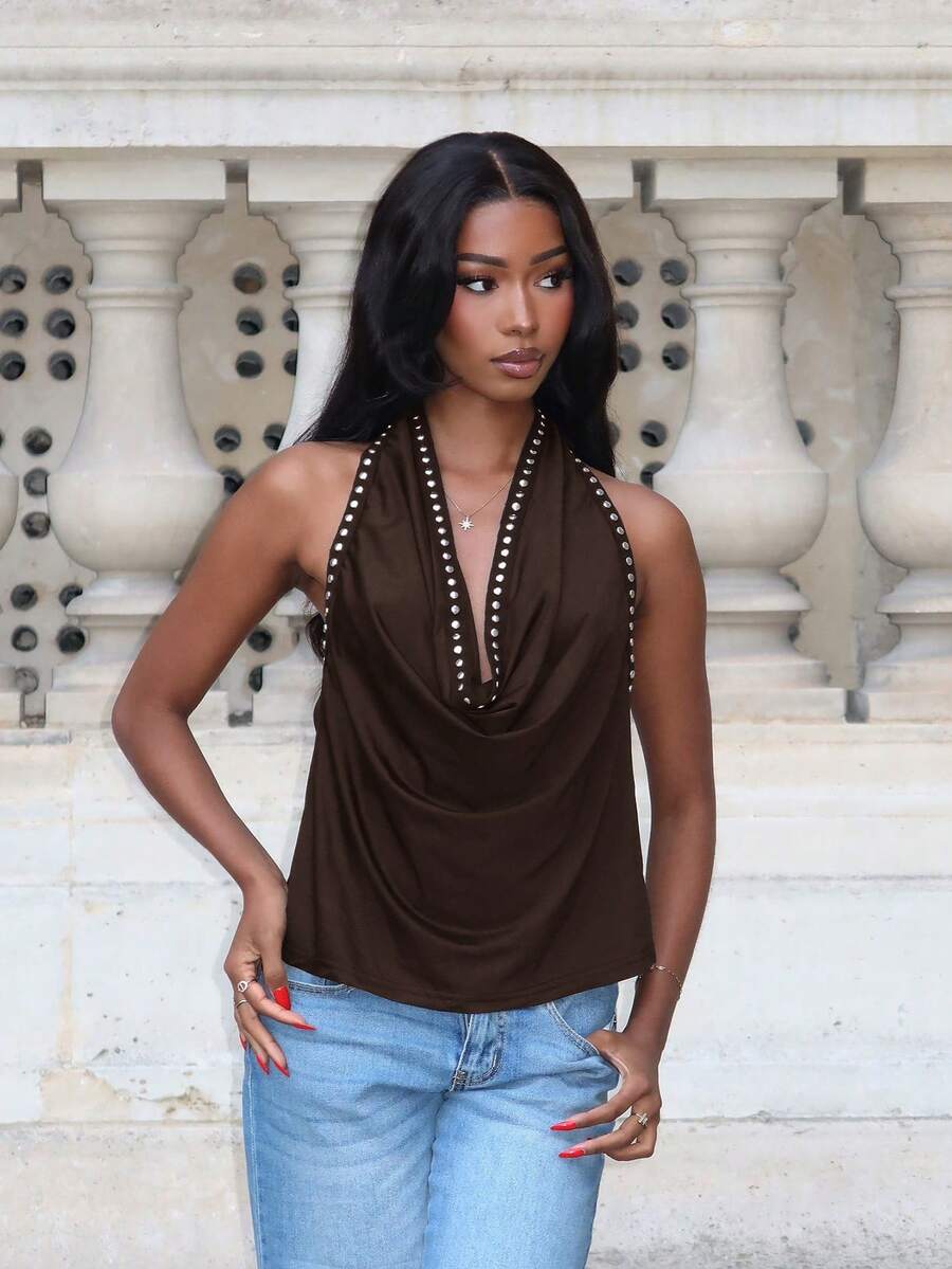 Mima John Fashionable Sexy Beaded Decor Halter Backless Crop Top, Summer - Chocolate Brown - View 1