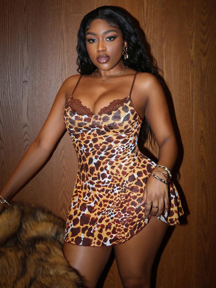 Bare Chapter 豹纹网纱拼接蕾丝边腰部荷叶边露背性感睡裙，纯黄棕色 - 彩色 - 查看 1