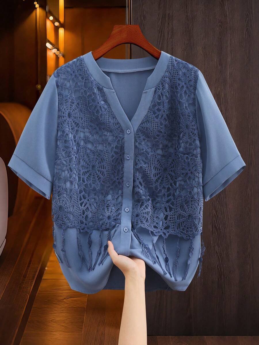 Lacomfia Blus Lengan Pendek Patchwork Renda Modis Longgar Nyaman Serbaguna Melangsingkan Elegan Kasual Ukuran Besar Warna Cokelat untuk Olahraga Musim Panas - Biru - View 1