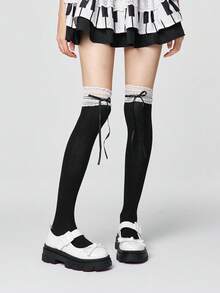 ROMWE Kawaii Giày cao gót đế xuồng và đế platform cho nữ, giày Diablo Rock Punk Goth, giày Mary Jane một khóa, giày da nhỏ, giày kín mũi có nơ, giày đồng phục JK Nhật Bản ngọt ngào, phong cách Y2K. - Nơ bướm trắng gạo - Xem 2