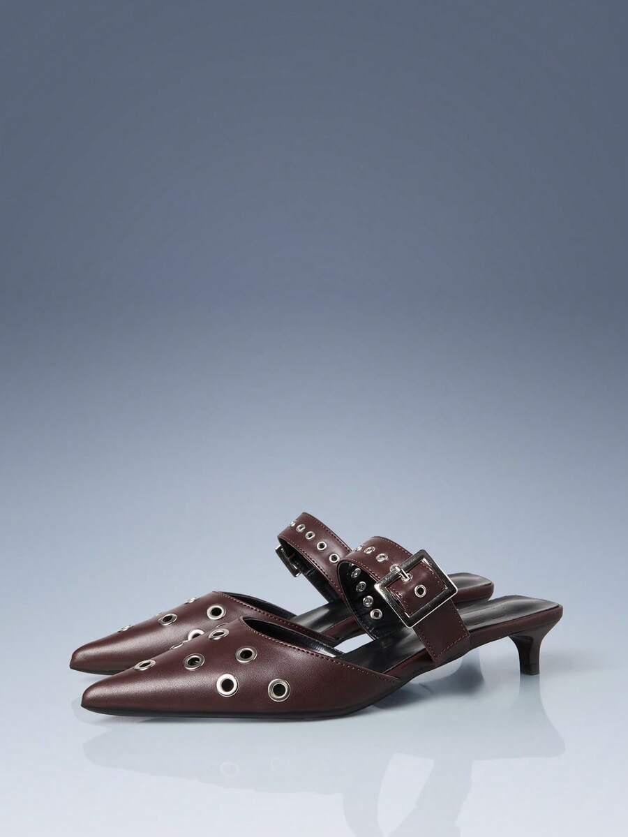 CUCCOO GRLICON Black Patent Leather Pointed Eyelet Kitten Heel Empty Lady Shoes - Brown - View 1