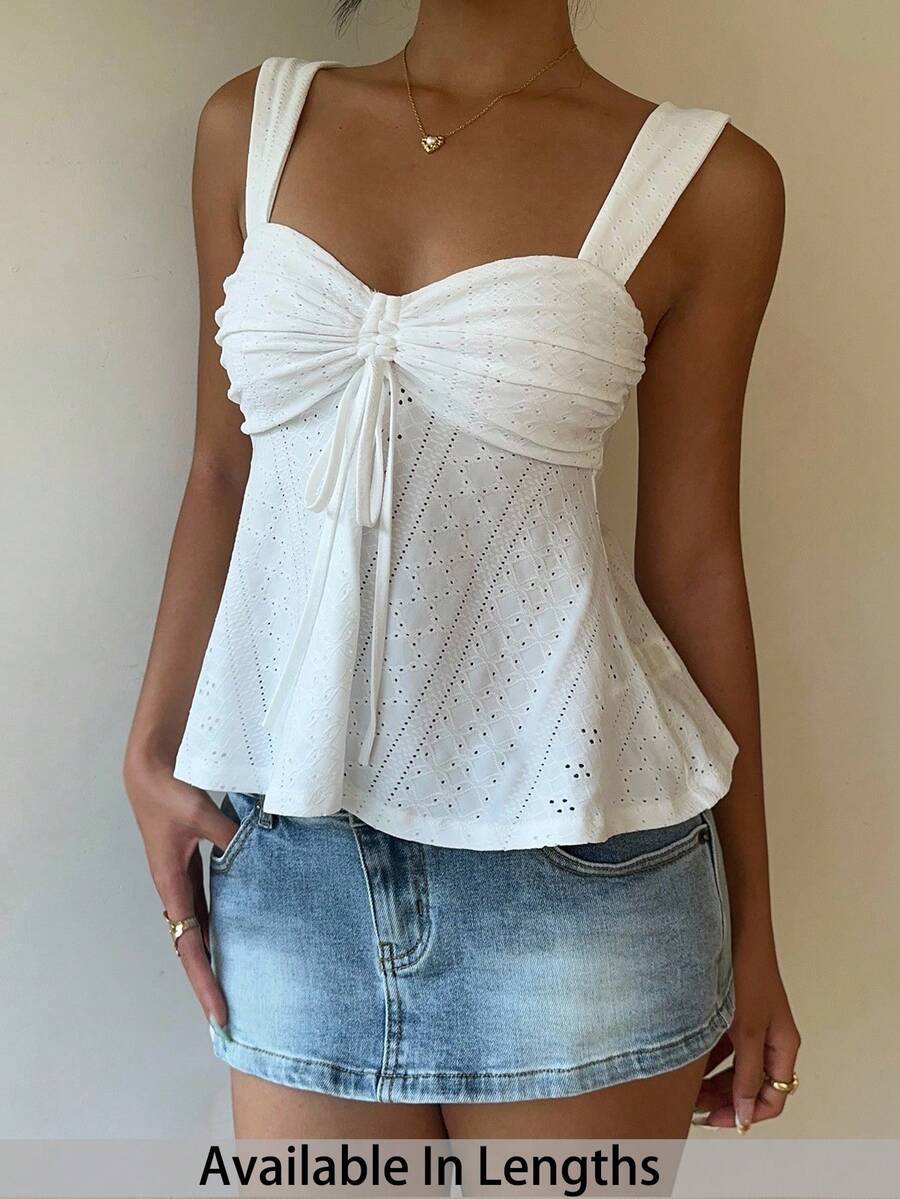 SHEIN PETITE CURVE 大码女式镂空抽绳休闲宽松吊带背心 夏季假日白色上衣 蝴蝶结上衣 可爱白色上衣 白色夏季上衣 性感白色上衣 夏季上衣 - 白色 - 查看 1