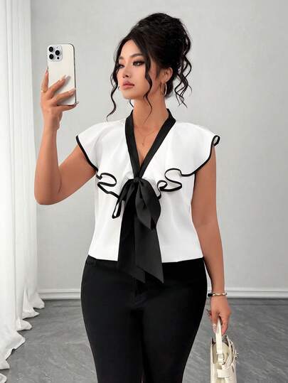 Elenzga 大码女式梭织常规春夏优雅时尚简约V领褶皱荷叶边无袖黑白撞色衬衫