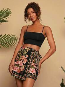 Travachic Chân váy nữ in hoa, vạt lệch, thắt eo, thích hợp cho kỳ nghỉ, mùa hè, váy hè cho nữ, váy dự tiệc, chân váy nữ, chân váy hoa quấn, chân váy in họa tiết thực vật, chân váy hoa đen. - màu đen - Xem 3