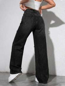EURMUSE Washed Denim Blue High Waist Ripped Wide Leg Jeans - Black - View 2