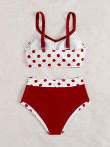 Swim Lushoire 2件套新款夏季彩色蝴蝶结露背露肩休闲派对沙滩比基尼泳装套装（女士） - 紅白色 - 查看 4