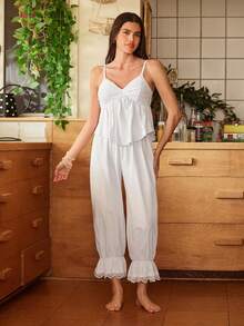 Lullawish Bohemian Style Lace Patchwork Ruffle Hem Camisole & Pants Pajama Set For Women - White - View 3