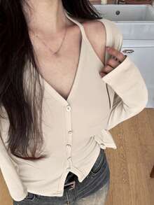 DAZY 两件套性感设计长袖T恤，吊带领，修身款，休闲女式上衣 - 米色 - 查看 1