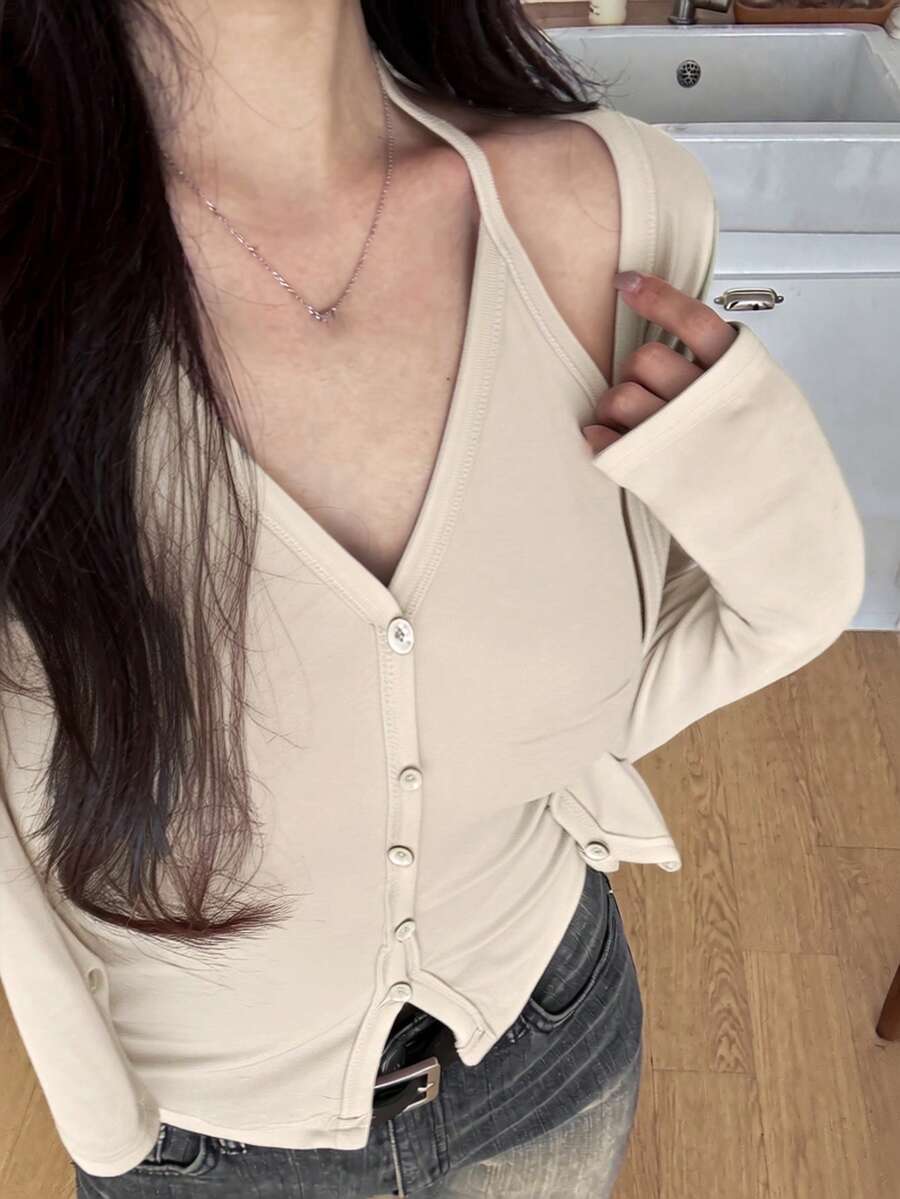 DAZY 两件套性感设计长袖T恤，吊带领，修身款，休闲女式上衣 - 米色 - 查看 1