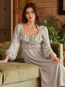 Lullawish 波西米亚风荷叶边灯笼袖蝴蝶结设计长款女士睡裙 - 灰色 - 查看 4