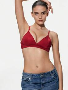 SHAPORA 1pc Burgundy Women's Bra, High-Quality Deep V Design - Burgundy - View 7