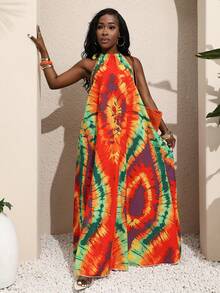 BamGleam Women's Summer Beach Sleeveless Backless Halter Tie Digital Placement Fashion Print Vacation Maxi Dress - Multicolor - View 5