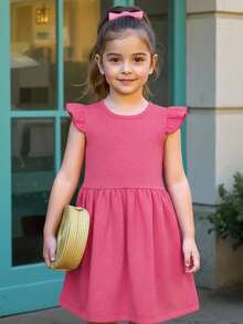 Lindo vestido rosa con mangas con volantes para uso diario de niñas - Rosa Fucsia - Ver 1