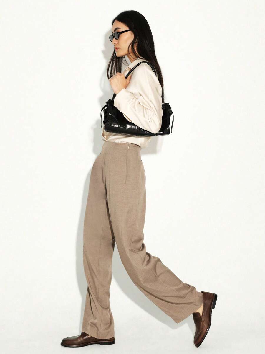 KSTM 女士修身筒状高腰阔腿裤，秋冬办公职业裤 - 灰色 - 查看 1