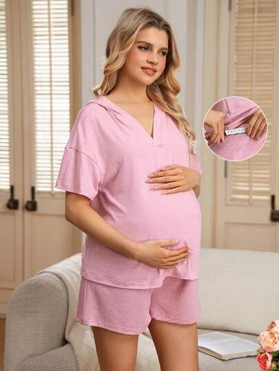 SHEIN 孕妇休闲纯色连帽短袖上衣和短裤两件套，夏季