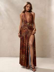 Modelyn Women's Leopard & Floral Print Backless Maxi Dress,Summer Brown 70s Party Holiday Glamorous Earth Tone Halter Bronze Wedding Guest Long Dress - Multicolor - View 7