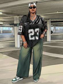 SHEIN CURVE+ Áo thun dệt kim dáng rộng phối màu ren dành cho nữ cỡ lớn, phong cách đường phố cho mùa xuân/hè. - màu đen - Xem 6