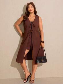 Elaquor Blusa feminina plus size de cor sólida, longa, sem mangas, com amarração frontal, marrom, ideal para férias em resorts. Conjunto de top e shorts marrom para praia, perfeito para quem busca um look de verão. - Castanho Café - Ver 3