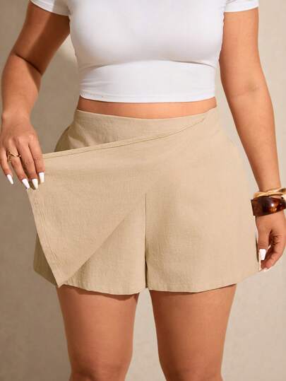 Elaquor Plus Size Casual Solid Color Wrap Shorts