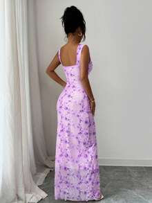 Elenzga Women's Floral Print Ruched Waist Elegant Long Dress, Suitable For Dates And Parties - Purple - View 2