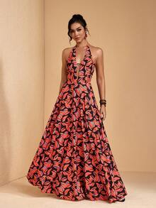 JIAN LASALA Vestido largo de verano casual para vacaciones con cuello halter, espalda descubierta y escote en V profundo sin mangas para mujer - Multicolor - Ver 3