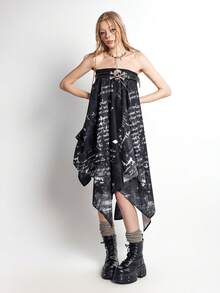 Bloopia 女士休闲复古字母印花A字裙，春夏款 - 黑色 - 查看 6