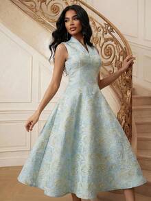 Playroots 女士优雅时尚修身无袖V领提花亮片中长连衣裙，适合情人节穿着 - 藍色 - 查看 1