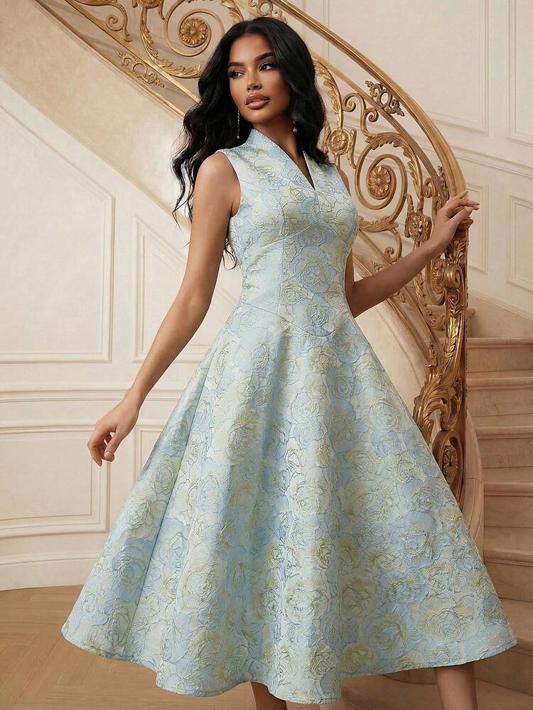 Women's Elegant Chic Fitted Sleeveless V-Neck Jacquard Glitter Mid-Length Dress, Suitable For Valentine's Day