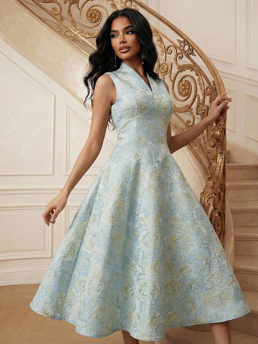 Playroots 女士优雅时尚修身无袖V领提花亮片中长连衣裙，适合情人节穿着 - 藍色 - 查看 1