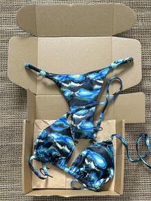 Swim Mod Women's Random Print Beaded Necklace Bikini Set, Spring/Summer - Multicolor - View 3