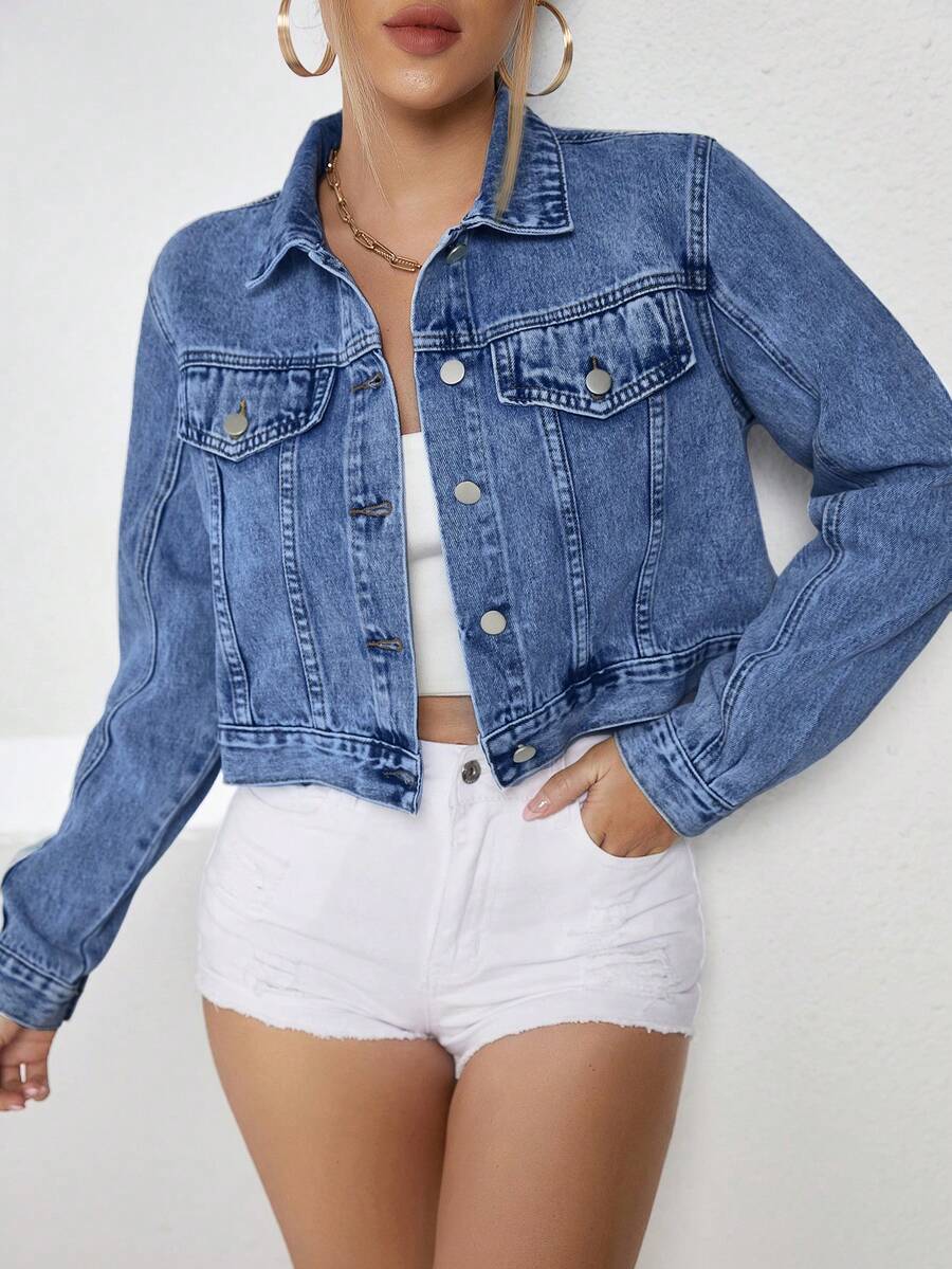 SHEIN Essnce 女士休闲百搭翻领长袖牛仔外套，适合日常穿着 - 藍色 - 查看 1