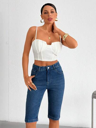 SHEIN Pantaloncini di jeans a vita slim, di media lunghezza, per l'estate