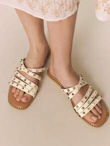Styleloop 铆钉罗马凉鞋 女士春夏新款波西米亚风编织交叉带旅行女鞋 夏季度假、海滩休闲 - 米色 - 查看 1