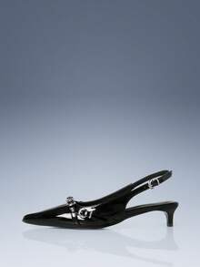 CUCCOO GRLICON Burgundy Pointed Back Space With Metal Buckle Kitten Heel Women's Shoes - Black - View 2