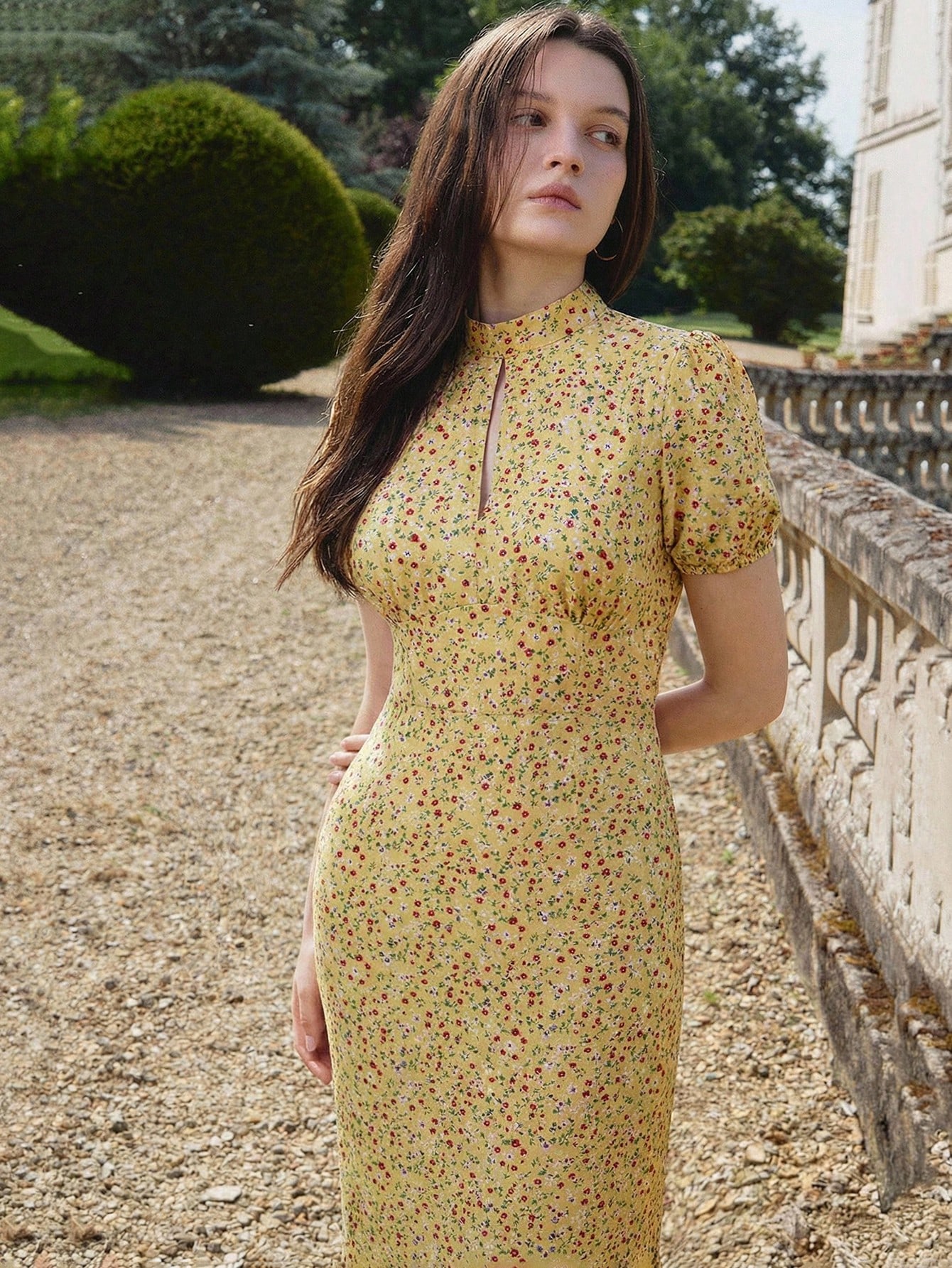 Butter Yellow Floral Print Vintage Style Fitted Woven Dress With High Neck Homecoming Dress Office Outfits For Women Black Floral Dress French Style Dress Autumn Dress