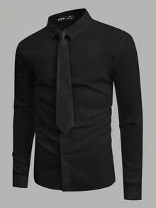 SWAVVY Áo sơ mi nam dáng rộng, màu trơn, cài cúc kèm cà vạt, phong cách Dark Academia, quần áo nam, áo sơ mi nam, áo sơ mi nam mùa hè cài cúc kèm cà vạt, áo sơ mi đen cho nam, áo sơ mi đen nam, áo sơ mi và cà vạt nam, áo sơ mi đen nam, áo sơ mi cài cúc nam - màu đen - Xem 3