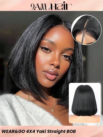 Yaki Straight Bob Wig Human Hair Glueless Pre Cut 4x4 Lace Front Wigs Human Hair Pre Plucked Invisible Knots Ready To Go Short Yaki Bob Wigs 180% Density