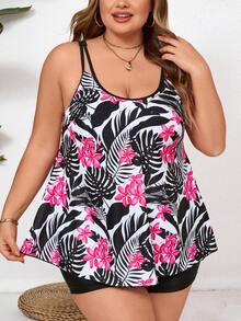 SHEIN CURVE+ Multicolor Plus Size Casual Tropical Pattern Swim Dress With Spaghetti Straps And Buckle Accents - Multicolor - View 4