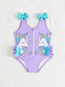 Mono de baño con cremallera y volantes con estampado de unicornio para bebé recién nacido - Morado - Ver 5